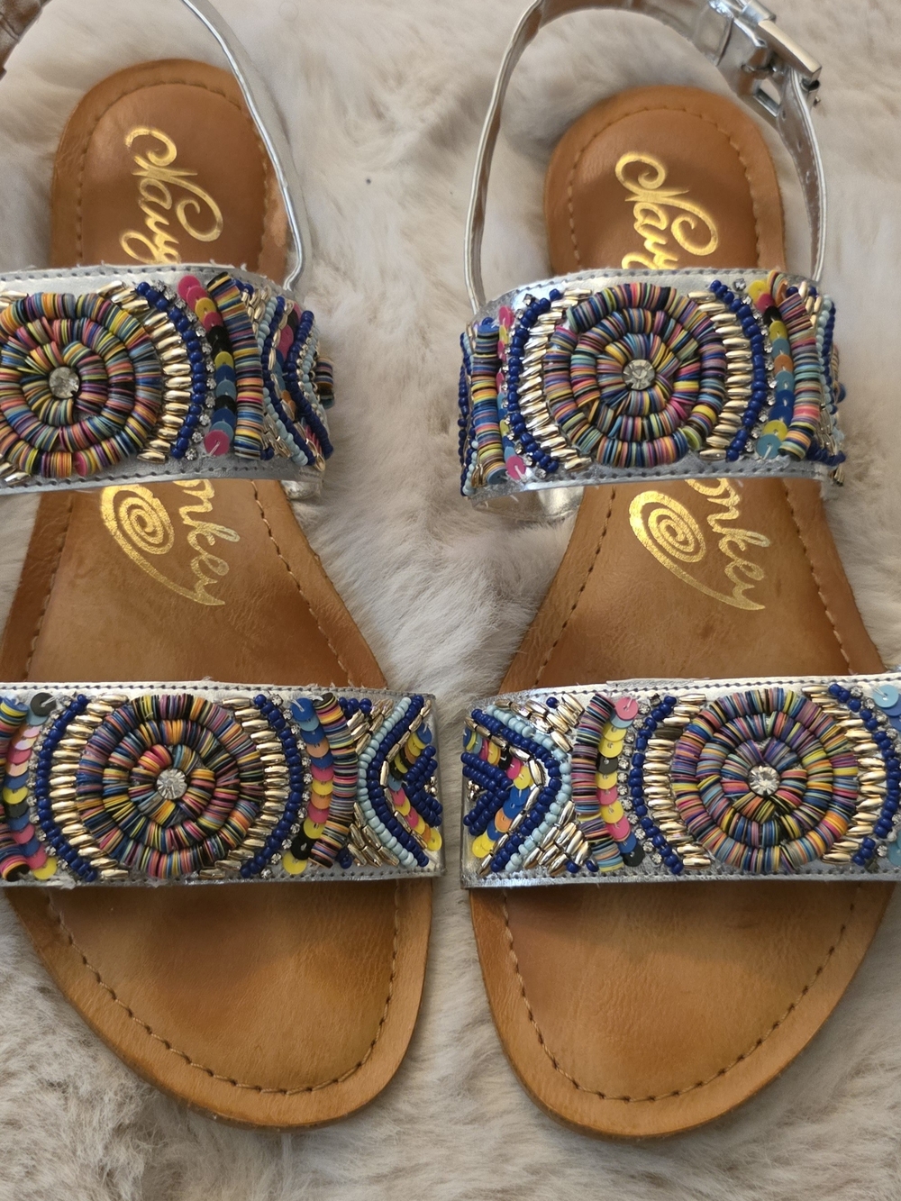 Naughty Monkey Playful Multicolor Beaded Women’s Sandals - Silver Straps